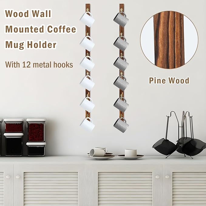 2 Pack Coffee Mug Wall Rack with 12 Hooks Burnt Wood Wall Mounted Coffee Mug Holder Brown Coffee Cup Organizer Coffee Mug Shelf Hanger Espresso Cup Hanging Rack Tea Cup Display Stand for Bar