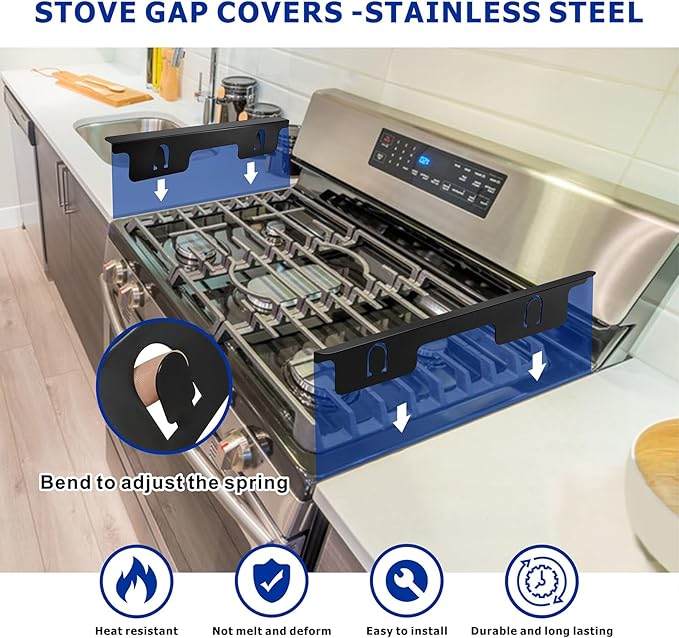 4PCS Stove Gap Covers Stainless Steel, Kitchen Stove Counter Gap Covers, Range Trim Kit, Stove Gap Filler Retractable Length 13.8" to 27.5" Black