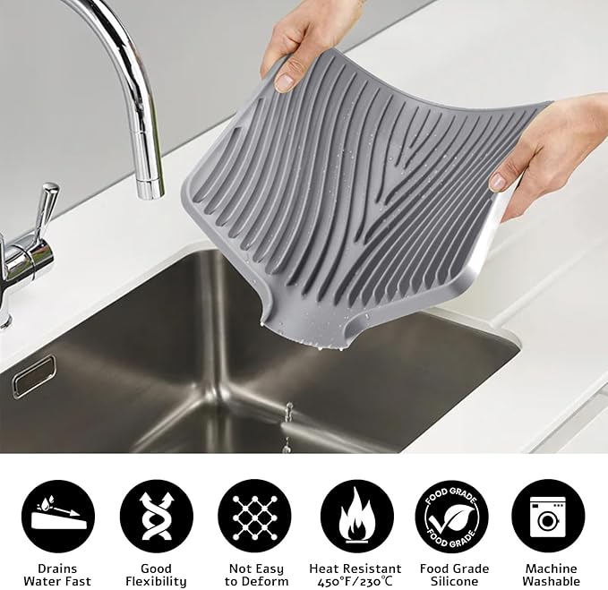 Silicone Dish Drying Mat, Stone Drying Mat for Kitchen Counter with Built-In Drain, Non-Slip Drain Pad with Built-in Drain, Heat Resistant Stone Drying Mat, Hangable, Grey-2pcs, 16" x 12"