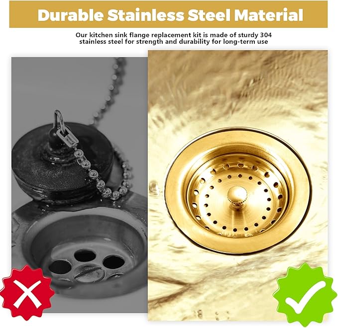 Norme 5 Pcs 3-1/2 Inch Kitchen Sink Drain Strainer Assembly Garbage Disposal Flange Stopper Plug Garbage Disposal Splash Guard Stainless Steel Sink Drain Strainer Replacement Kit(Gold)