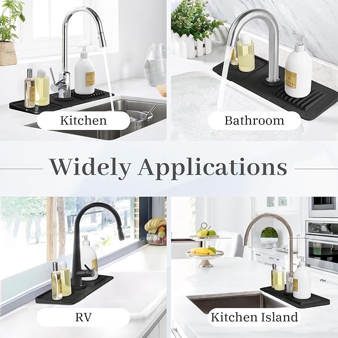 PoYang 14.6 Inch Faucet Mat for Kitchen Sink Splash Guard Behind Faucet, Sink Protectors for Kitchen Sink Faucet Mat Splash Guard for Kitchen Sink Area, Short Silicone Faucet Guard Draining Mat, Black