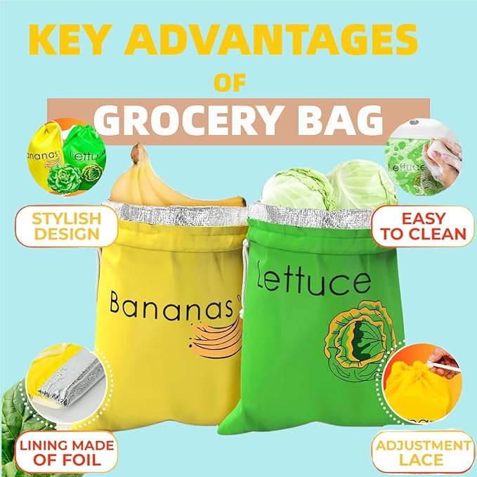Small Mesh Drawstring Produce Bags 3 Pack + 5 Bonus Films - Washable Reusable Storage for Refrigerator, Keep Fruits and Vegetables Organized, Eco-Friendly Grocery Essential