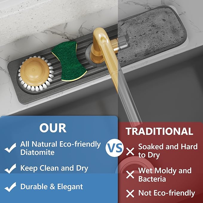 Stone Quick Dry Faucet Mat for Kitchen Sink [Diatomite Super Fast Drying] Stone Faucet Mat for Kitchen Sink Splash Guard Sinks Stones Quick Dry around Faucets Stones Drying Bathroom Quick Stones Mat
