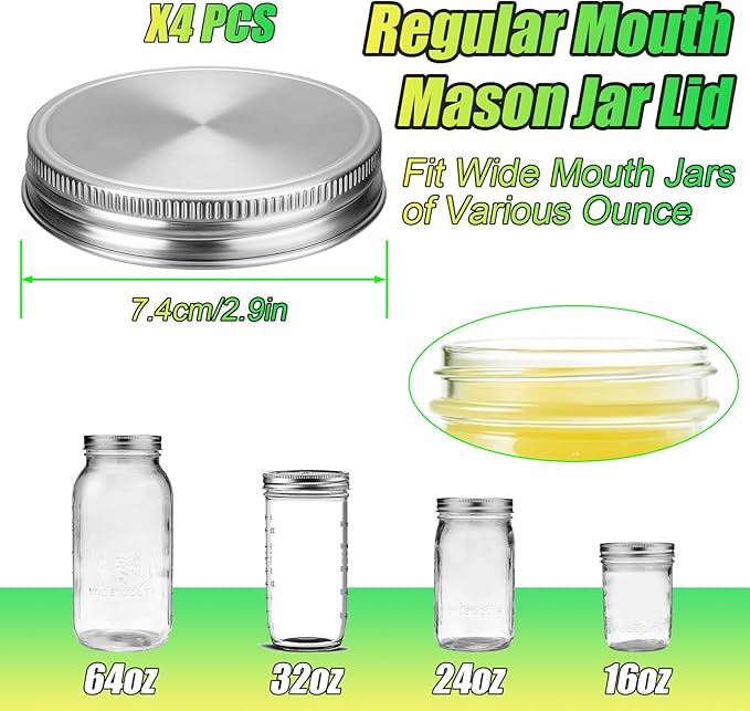 Palksky Mason Jar Lids Stainless Steel for Regular Mouth Mason Jar Lids, 4Pcs Rustproof Mason Jar Caps/Tops - Leakproof & Dishwasher Safe