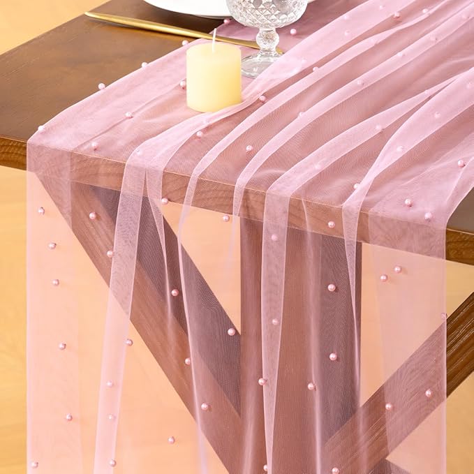 Socomi Pearl Table Runner Tulle Summer Cheesecloth 10FT Gauze Cheese Cloth Sheer Chiffon Wedding Birthday Party Baby Shower Bridal Anniversary Holiday Centerpiece Table Decor 3pcs Pink