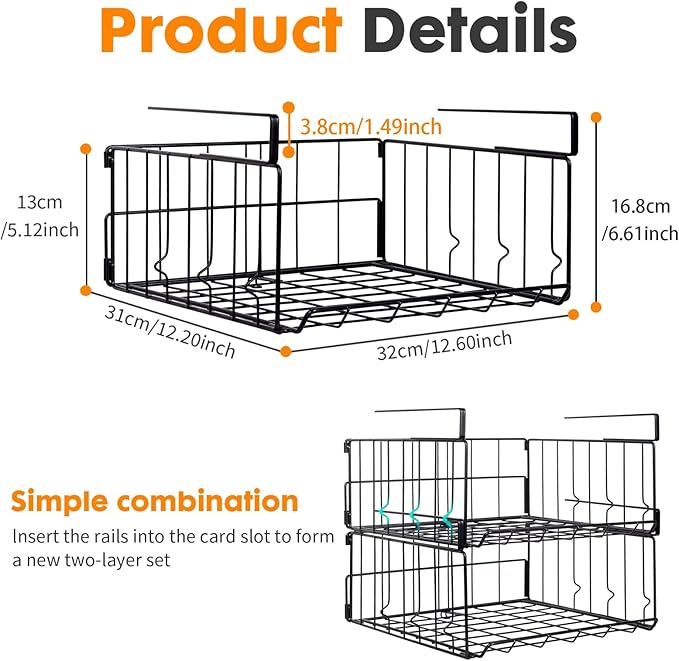 Hanging Under Shelf Storage Basket, 4 Pack Foldable Under Cabinet Metal Desk Storage Wire Rack Organizer for Kitchen Pantry Bookshelf Office Home, Easy to Install Slide-in Under Shelves (Black)