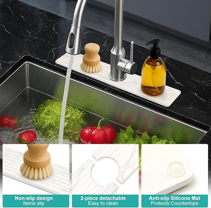 Water Absorbing Stone Drying Mat for Kitchen Counter Diatomite Faucet Mat for Kitchen Sink Quick Dry Stone Mats Bathroom White Sink Protectors Dish Drying Mats Splash Guard Home Essentials Decor