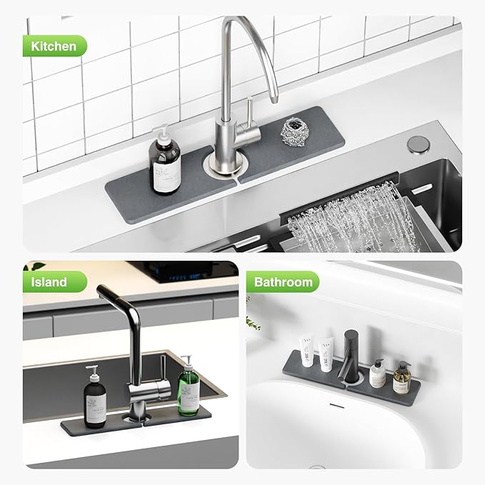 15.8" x 4" Stone Faucet Mat for Kitchen Sink, Quick Drying Diatomite Sink Tray, Faucet Sink Splash Guard for Prevents Moisture Buildup (Dark Gray)