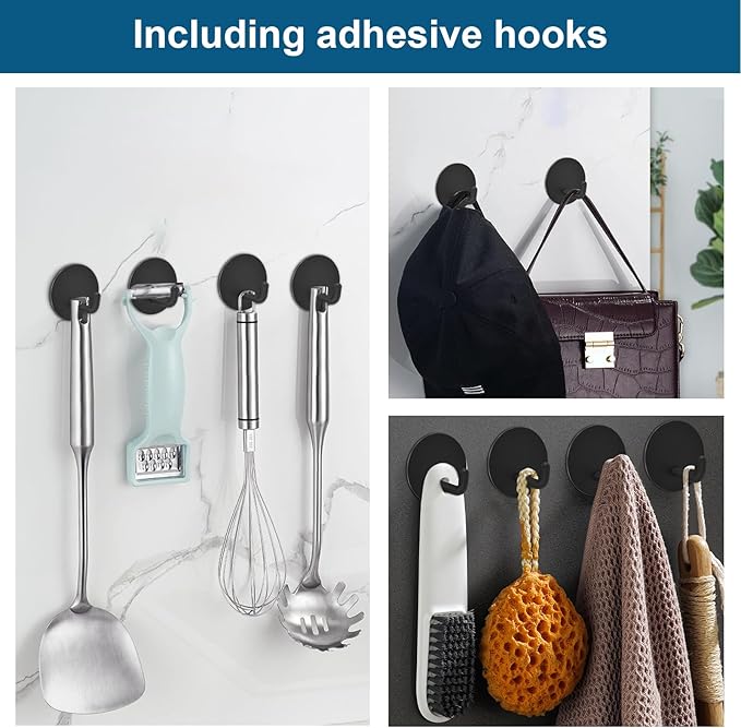 Diesisa Razor Holder 304 Stainless Steel for Shower + Adhesive Sticky Heavy Duty Waterproof Wall Hooks, Premium for Hanging Towels, Coat, hat (6+6 Pack) - Black