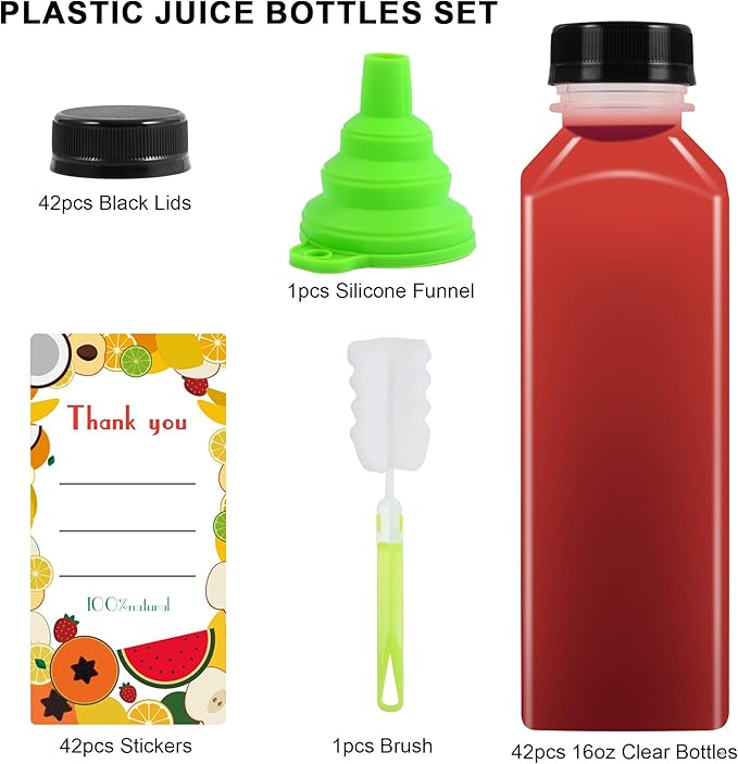 36pcs 16 oz Plastic bottles with lids,Juice bottles with caps, Reusable Clear Bulk Beverage Containers for Juice, Milk and Other Beverages
