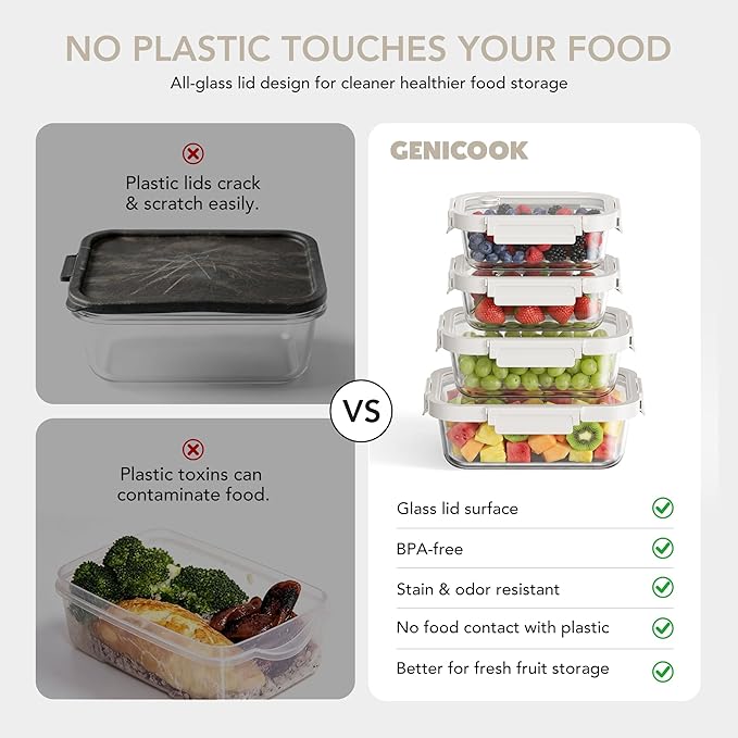 GENICOOOK Glass Fruit Storage Containers for Fridge with Glass Lids, 4 Pack Borosilicate Produce & Meal Prep Containers, Airtight BPA Free Fridge Organizer Containers