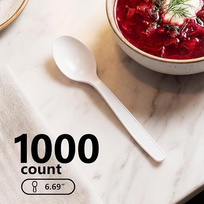 SACATR 1000 Count White Plastic Spoons Heavy Duty, Disposable Bulk Spoons, BPA-Free Heat Resistant Cutlery for Restaurant Catering Party Events