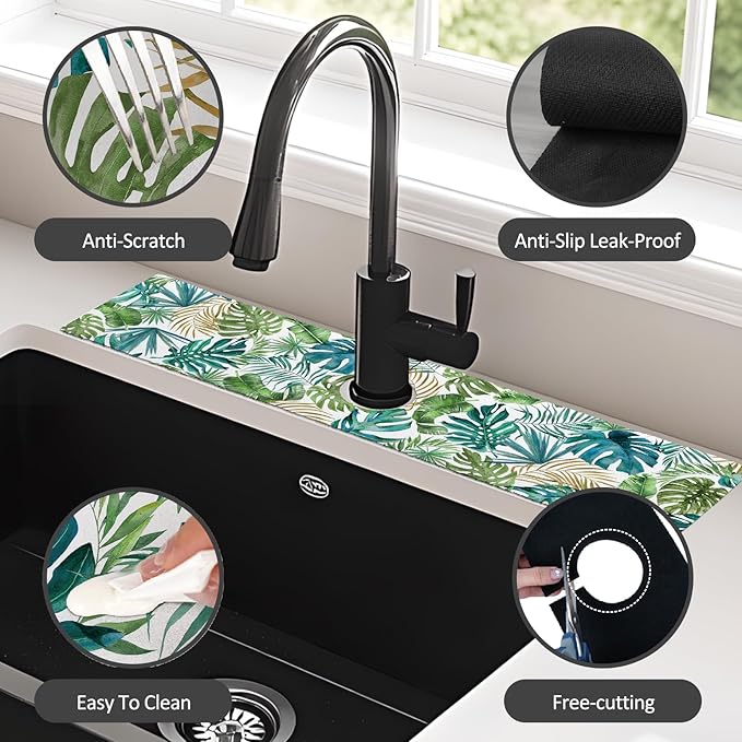2PCS 24" X 5.5" Kitchen Sink Splash Guard Faucet Mat Leaf Super Absorbent Fast Drying Faucet Guard & Draining Mat Sink Splash Guard Behind Faucet for Kitchen, Bathroom
