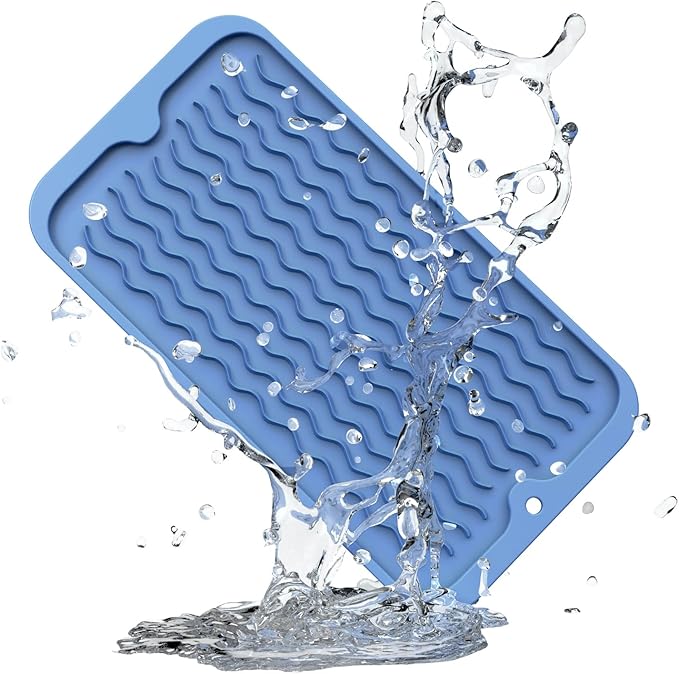 ZLR Silicone Sponge Holder & Sink Caddy Tray (6" x 12") - Narrow Dish Drying Mat for Kitchen Counter - Waterproof Soap Dispenser Organizer, Non-Slip Bathroom Vanity Tray (Lichen Blue)
