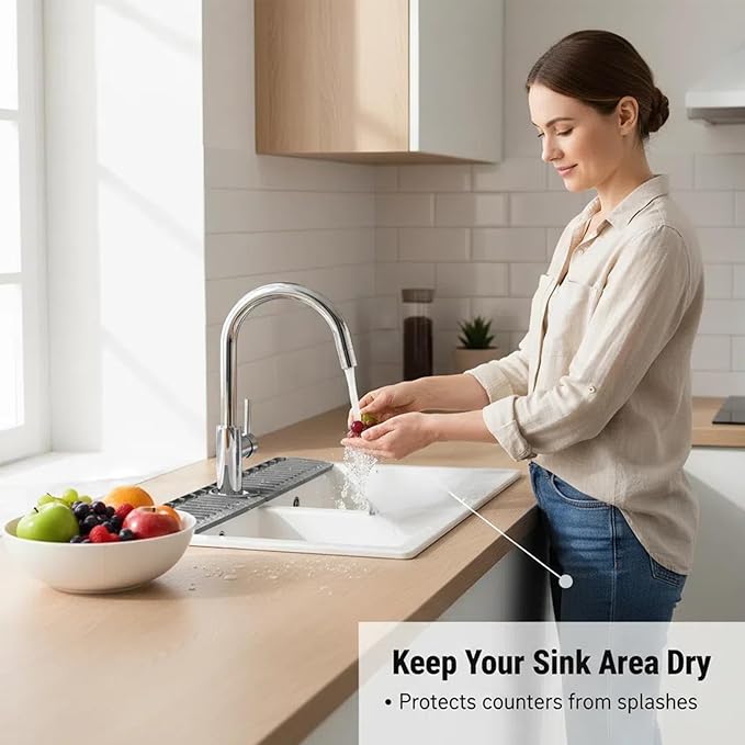 30 Inch Silicone Kitchen Sink Faucet Mat, Adjustable Waterproof Splash Guard Draining Mat Keep Countertops Dry (Gray)