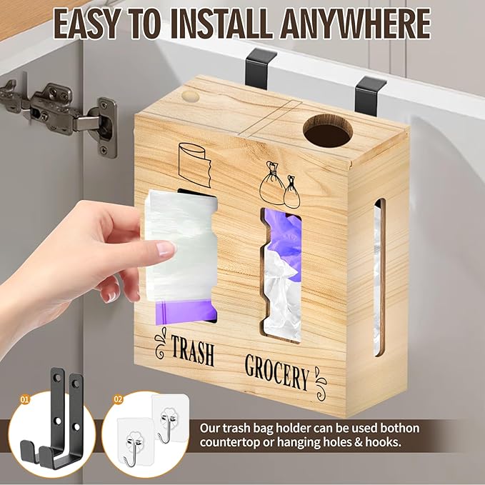 2 in 1 Trash Bag Dispenser and Grocery Bag Holder, Large Wooden Plastic Bag Holder, Wall Mount Trash Bags Holder for Grocery and Plastic Bags, Kitchen and Laundry Room Organization