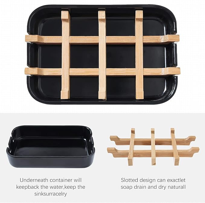 Soap Dishes for Bar Soap, Black Bathroom Soap Holder, Bamboo Soap Dishes Holder for Bathroom Shower, Bathroom Sink Soap Dish