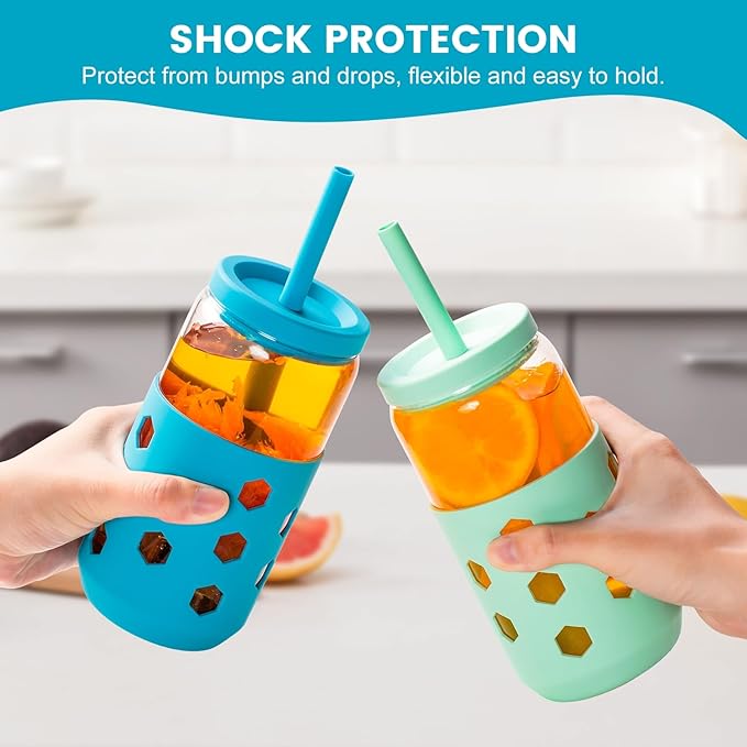 Mrsdry 16 oz Glass Cups With Lids and Straws, 4-Pack Iced Coffee Cup - Smoothie Cup With Silicone Lid and Sleeve for Coffee Bar Accessory, Cute Drinking Glasses Set Reusable Glass Tumbler for Gifts