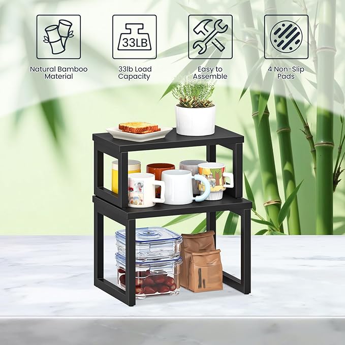 HOOBRO Cabinet Organizer Shelf, Set of 4 Kitchen Counter Shelves, Expandable Kitchen Storage, Stackable Spice Rack, for Kitchen, Countertop, Office Desk, Living Room, Black BK20TLP201