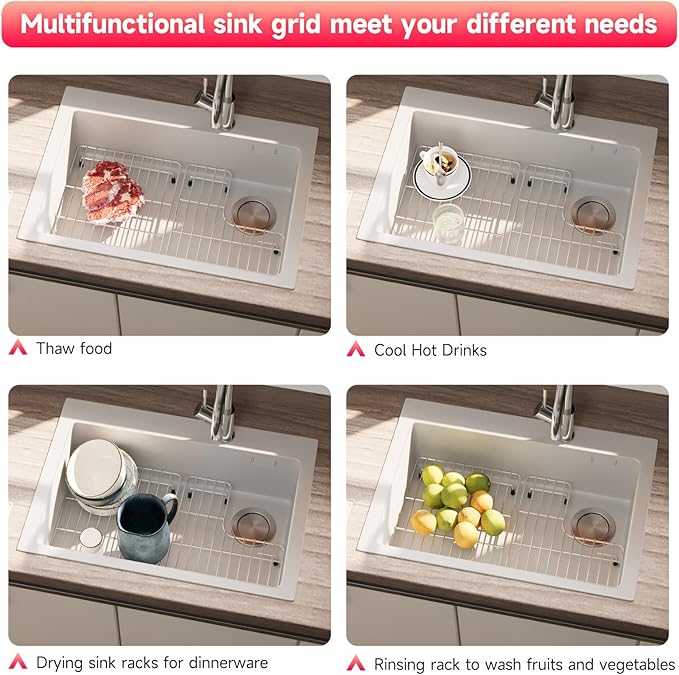 14.5" x 23.2" Stainless Steel Sink Protectors for Kitchen Sink for Kohler Whitehaven K-6486 &K-6487, Includes Left and Right Racks, Sink Grid for Bottom of Kitchen Sink with Rubber Feet