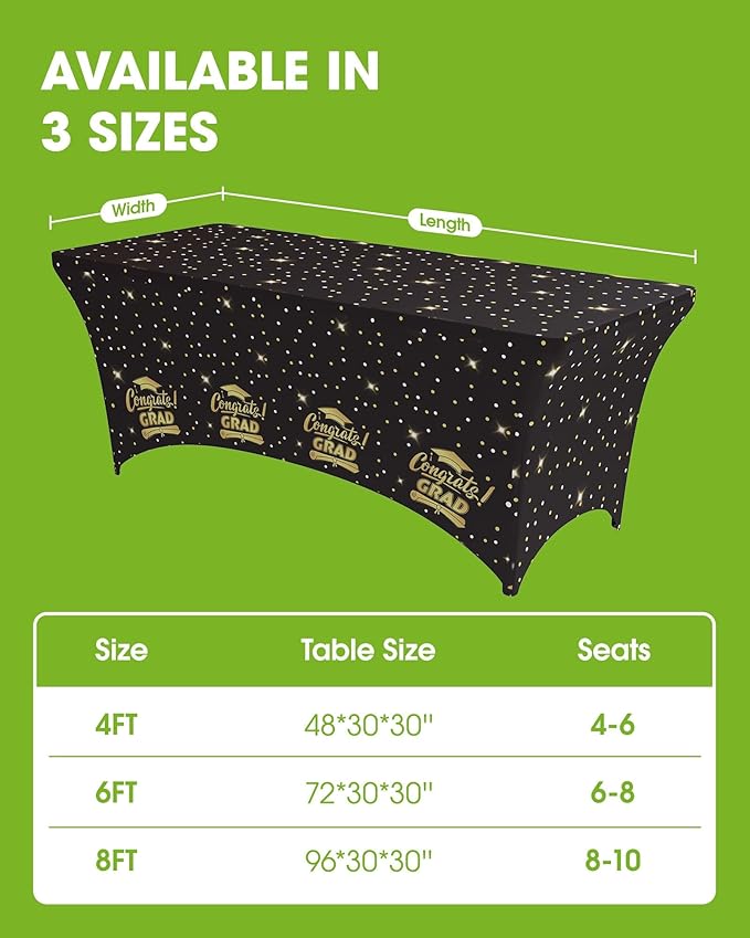 Pureegg Graduation Decorations 2026 Spandex Tablecloth 6ft - 2 Pack, Class of 2026 Black Fitted Stretch Rectangle Table Cover, Wrinkle-Free Tight Tablecloth for Graduation Party, Banquet