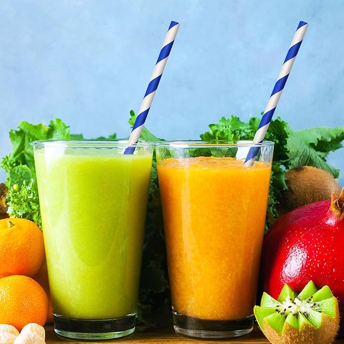 100 Packs Navy Blue Biodegradable Striped Paper Straws, Disposable Drinking Straws for Birthday Carnival Summer Pool Party Wedding Baby Shower Halloween Christmas Party Decoration Supplies