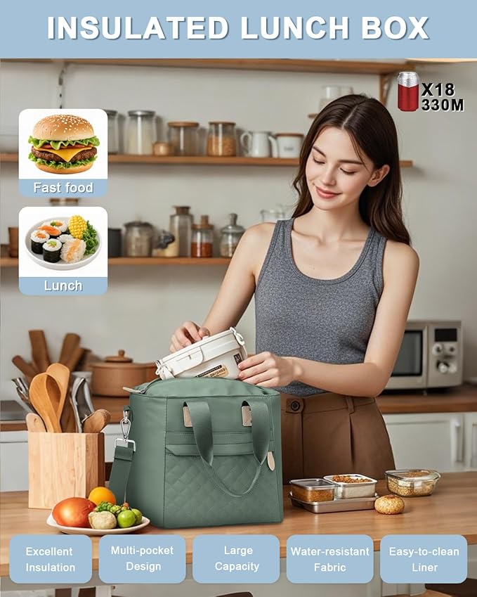 Capolo Insulated Lunch Box for School - Large Thermal Lunch Bag Women with Removable Shoulder Strap, Reusable Lunch Cooler Tote Bags Purse for Adults Work, Picnic, Hiking, Beach, Travel, MediumGreen