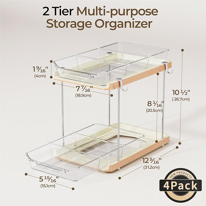 DELAMU Under the Sink Organizer, 2-Tier Pull-Out Cabinet Drawers with Adjustable Shelf & Hooks, Under Sink Cabinet Organizer for Bathroom, Kitchen, Vanity & Every Household(Wood Grain, 4 Pack)