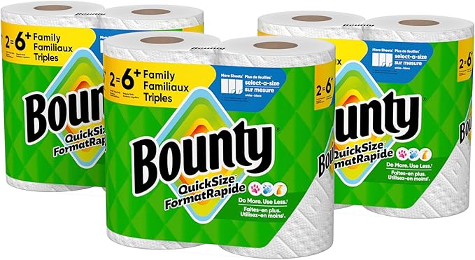 Bounty Paper Towels Quick Size, White, 6 Family Triple Rolls = 20+ Regular Rolls