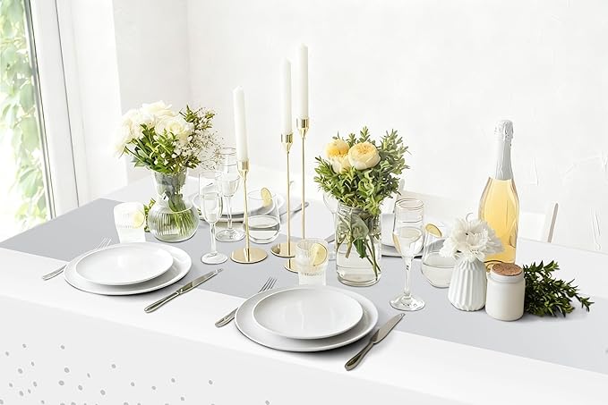 Smiry Plastic Table Cloth Disposable 8 Pack, 54 x 108 Inch Rectangle Waterproof Tablecloth, Printed Gold Table Runner Style for Birthday Weeding, Party, Leakproof & Sturdy, White and Sliver