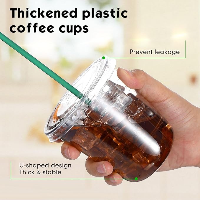 Baderke 25 Set Plastic Cups with Lids and Straws, Disposable Plastic Iced Coffee Cup for Cold Beverage Juice Smoothie Crystal for Coffee Shops Party Catering(Clear,14 oz)