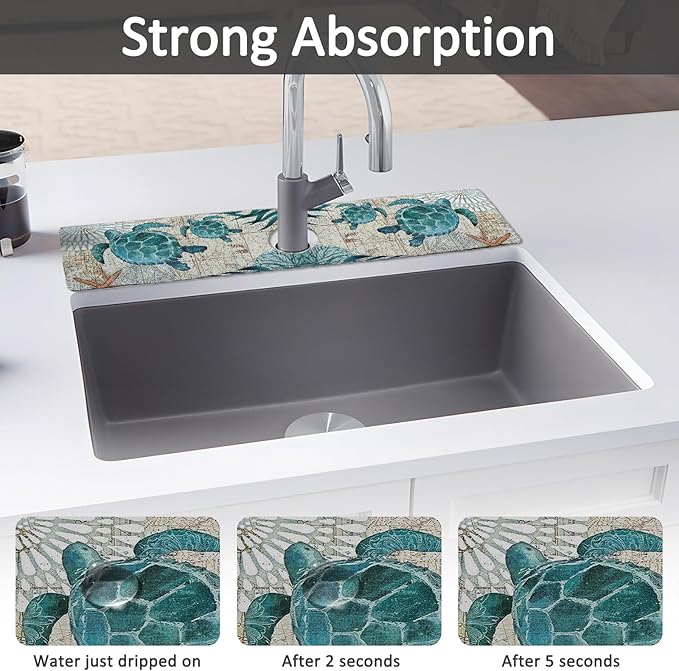 24" X 5.5" Kitchen Sink Splash Guard Faucet Mat Sea Turtles Super Absorbent Fast Drying Faucet Guard & Draining Mat Sink Splash Guard Behind Faucet for Kitchen, Bathroom