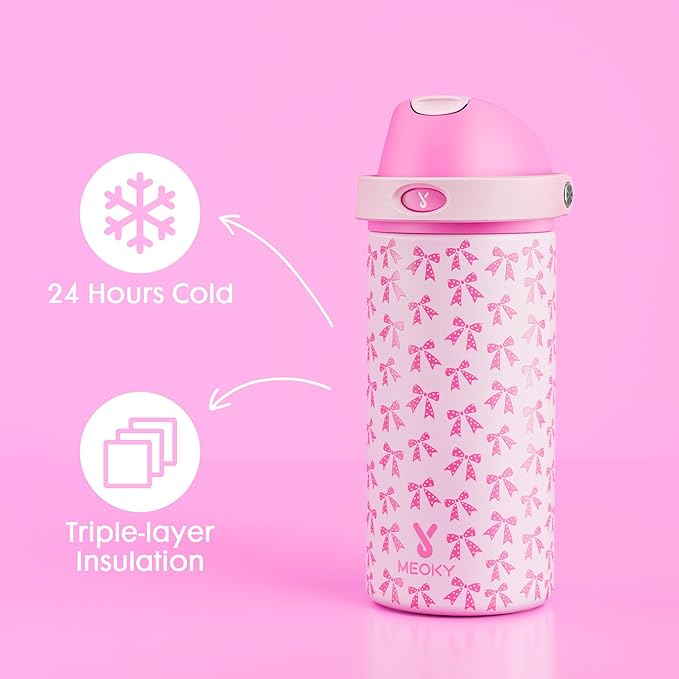 18 oz Kids Water Bottle for School: Meoky 18 oz Stainless Steel Insulated Water Bottle with 2-in-1 Straw and Spout Lid - Leak Proof, Fits in Car Cup Holder, BPA-Free for Teen Girls, Pink Bows