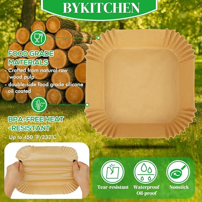 BYKITCHEN 300PCS Small Air Fryer Disposable Liners for 2 to 5QT Airfryer, Square Mini Air Fryer Parchment Paper Liners, Compatible with CHEFMAN 2 QT/ 4 QT, Cosori 2.1QT, Instant Pot Vortex 4Qt& More