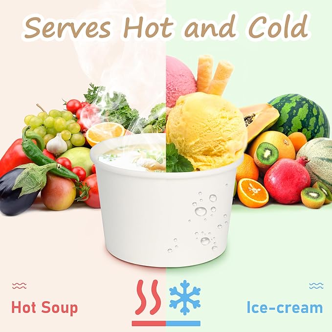 ESSENTIAL Paper Ice Cream Cups with Lids, 50pcs 8oz Disposable Dessert Bowls with Lids for Hot or Cold Food, Paper Snack Containers for Sundae, Frozen Yogurt, Soup (White)