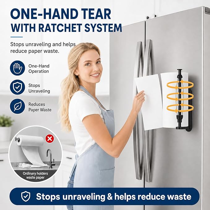 Magnetic Paper Towel Holder for Fridge-Great Adhesive Magnetic,One Hand Operable Paper Towel Holder,No Drill Wall Mount Hanging for Garage RV Kitchen (Black)