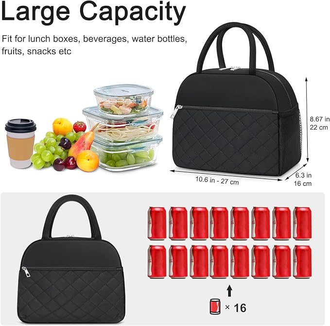 KUBYA Lunch Bag Lunch Box for Women Men Insulated Reusable Large Lunch Tote Bag Adult Leakproof Simple Cooler Bag for Office Work Picnic Beach or Travel, Black