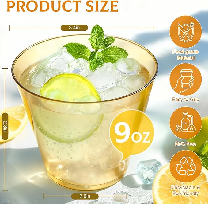 9 oz Clear Plastic Cups Glod Plastic Disposable Cups for Cocktail 50 Pack Fancy Cocktail Cup for Party Stemless Wine Glasses for Party Wedding Graduation Birthday World Cup