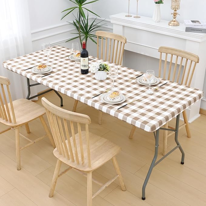 Smiry Picnic Table Cloth 2 Pack, Waterproof Elastic Fitted Tablecloths for 5FT Rectangle Tables, Washable Polyester Buffalo Plaid Tablecloth for Camping, Dining & Outdoor (Khaki & White, 30" x 60")