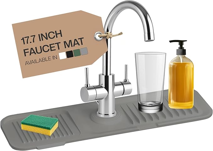 17 Inch Silicone Faucet Mat for Kitchen Sink Splash Guard & Draining Tray Sink Protector with Soap & Sponge Holder Grey (Purest Peak)