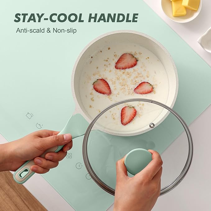 SENSARTE White Ceramic Nonstick Saucepan with Lid 2.5 Quarts, Medium Cooking Pot with Stay Cool Handle, Induction Compatible Saucepot, White Granite Coating, Free of Intentionally Added PTFE/PFOA/PFAS