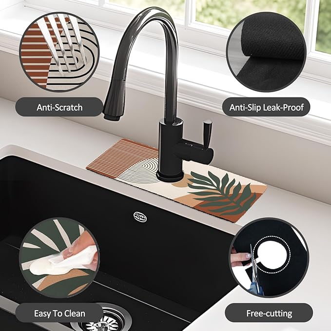 2PCS 15" X 5.5" Kitchen Sink Splash Guard Faucet Mat Boho Super Absorbent Fast Drying Faucet Guard & Draining Mat Sink Splash Guard Behind Faucet for Kitchen, Bathroom