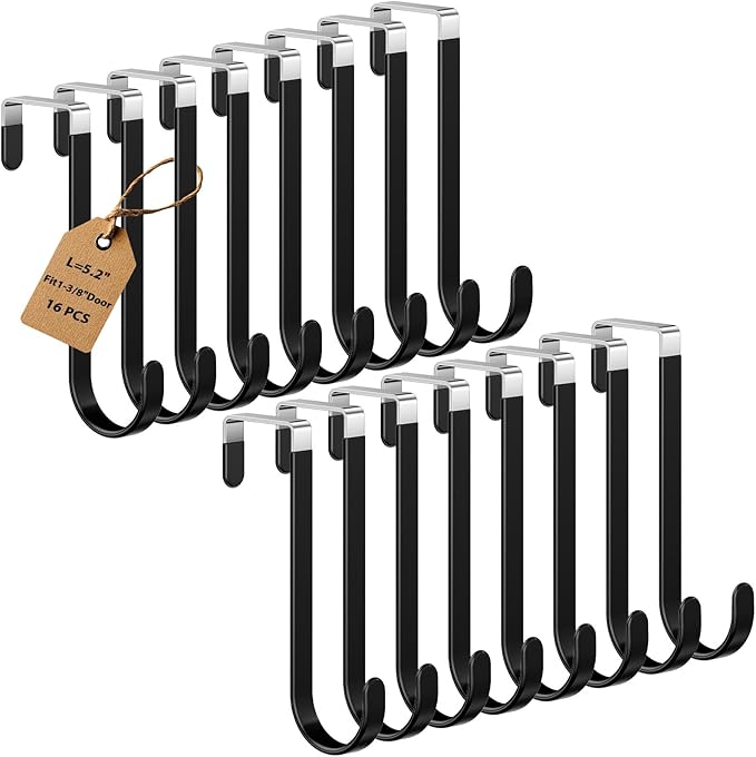 16 Pack Over The Door Hooks, Door Hanger Hook, Towel Hooks for Hanging, Towel Hanger for Bathroom, Fit 1 3/8" Door Black, Dorm Room Essentials
