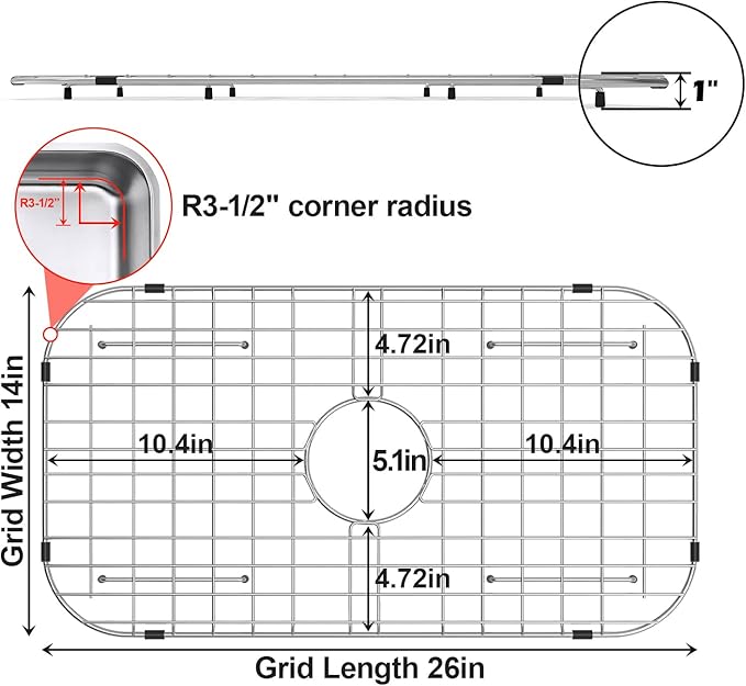 Sink Protector Grid 26-1/16" x 14-1/16", Centered Drain with Corner Radius 3-1/2", 304 Stainless Steel Material Centered Drain