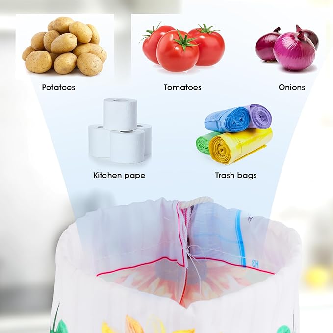 Plastic Bag Holder, Sunflower Kitchen Dispenser Holders Reusable Washable Trash Garbage Bag Holder with Drawstring Closure for Home Kitchen Pantry Groceries Store Decor