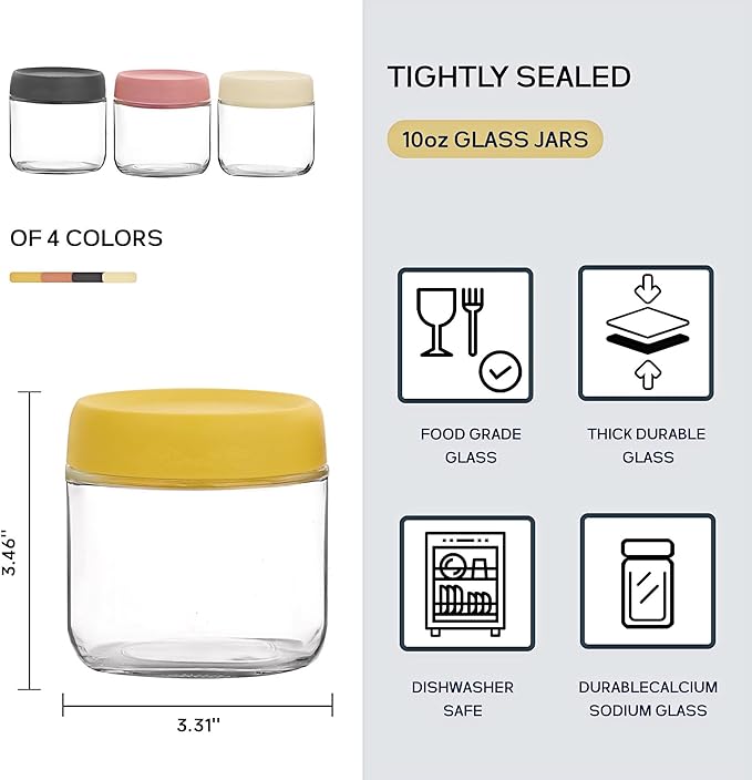 10 oz 4Pack Glass Overnight Oats Jars Containers with Airtight Leakproof Lids, Reusable Mason Jars for Meal Prep, Yogurt Parfaits, Smoothies, Salads & Healthy Breakfasts (10 OZ-4-2)