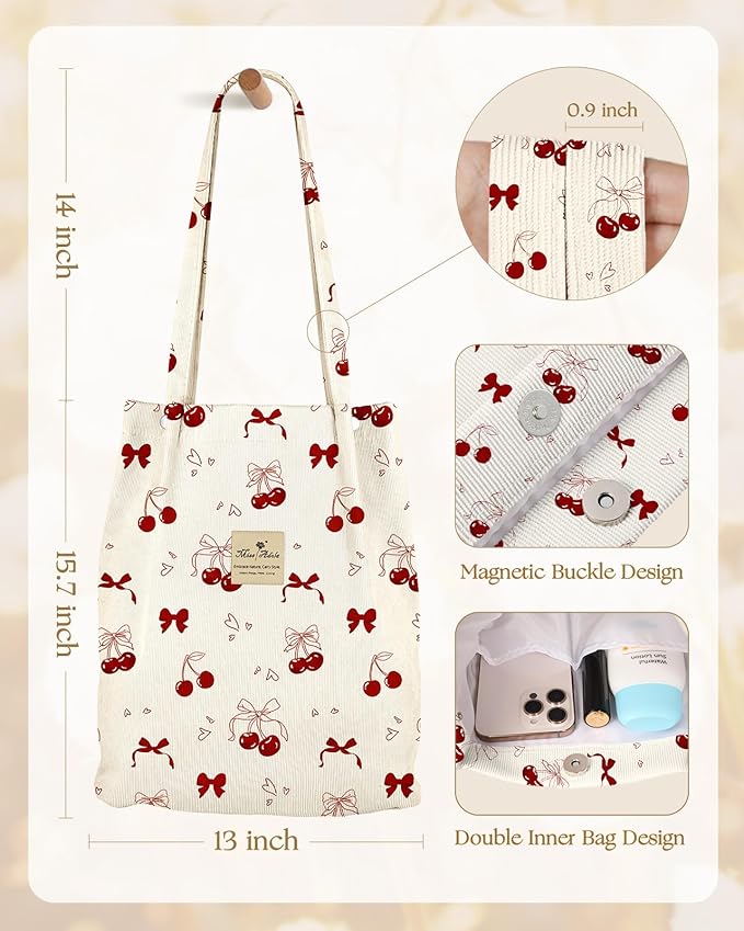 Miss Adola Corduroy Tote Bag for Women - Reusable Totes with Magnetic Buckle & Pocket Aesthetic Design Work Grocery Bags
