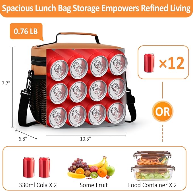 Vankor Insulated Lunch Bag for Men Women, Reusable Lunch Box Leakproof Cooler Lunch Tote Bag with Adjustable Shoulder Strap for Work Office Picnic Beach Travel, Orange