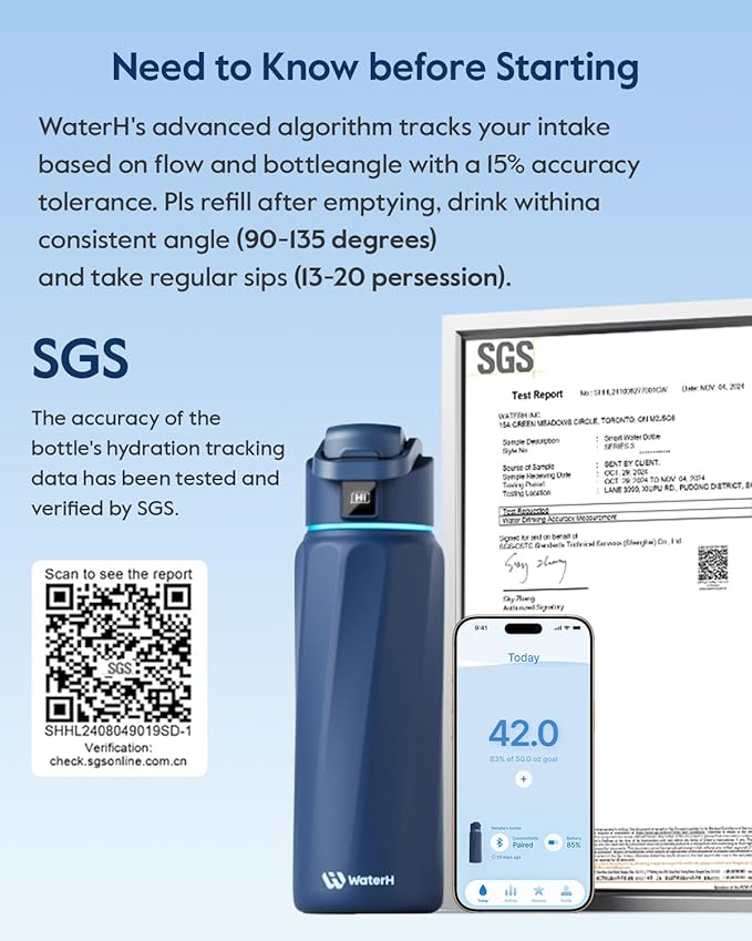 WaterH BOOST Smart Water Bottle with Reminder & Tracker, Double Wall Vacuum Insulated Bottles Stainless Steel, 32oz BPA-Free Wide Mouth for School, Gym, Office, Ideal for Father's Day