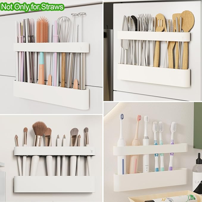 Straw Holder for Cabinet Door, Silicone Straw Organizer for Cabinet Door, Kitchen Cabinet Organizer Reusable Straws Dispenser for Home Kitchen Accessories (White)